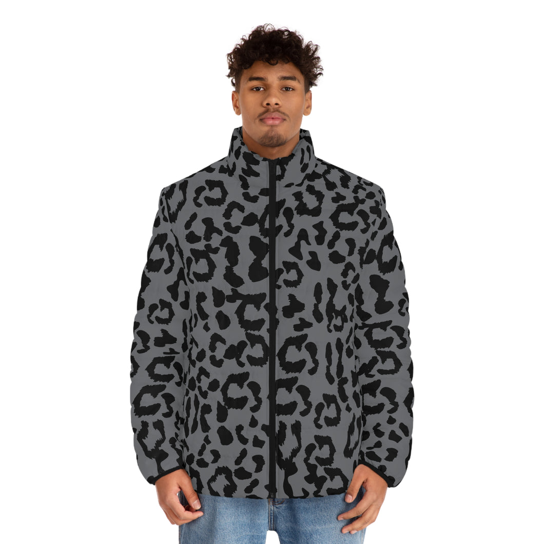 Men's Puffer Jacket (AOP) - Leopard Camouflage - Battleship Color