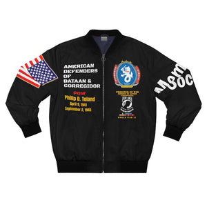 Men's AOP Bomber Jacket - American Defenders Of Bataan Corregidor with POW - MIA Service Medals - Philip D. Toland