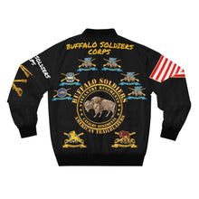 Load image into Gallery viewer, Men&#39;s AOP Bomber Jacket - Army - Cavalry and Infantry Regiments of the &quot;Buffalo Soldiers&quot; - American History
