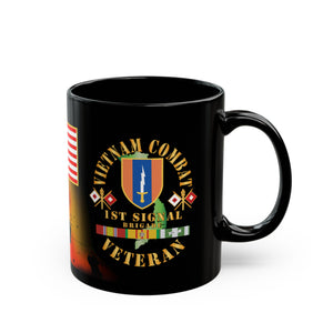 Black Mug 15oz - Vietnam Veteran - 1st Signal Brigade - Combat Veteran with Vietnam Service Ribbons - Spec