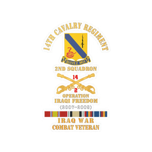 Kiss-Cut Vinyl Decals - Army - 14th Cavalry Regiment w Cav Br - 2nd Squadron - OIF - 2007–2009 - Red Txt Cbt Vet w IRAQ SVC X 300