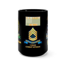 Load image into Gallery viewer, Black Mug 15oz - Retired - SFC - 11B40X with Multiple Medal Awards, Service Ribbons, Drill Sgt Badge
