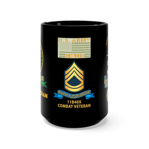 Black Mug 15oz - Retired - SFC - 11B40X with Multiple Medal Awards, Service Ribbons, Drill Sgt Badge