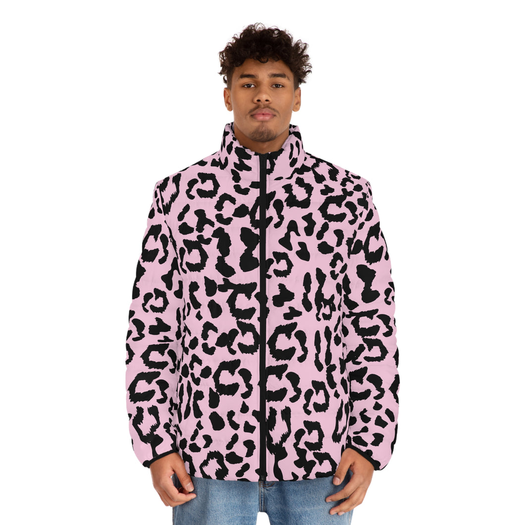 Men's Puffer Jacket (AOP) - Leopard Camouflage - Baby Pink - Black