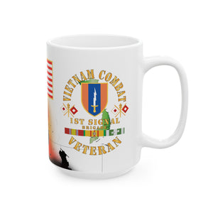 White Mug 15oz - Vietnam Veteran - 1st Signal Brigade - Combat Veteran with Vietnam Service Ribbons - Spec