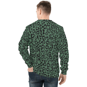 Mens All Over Print Crew Neck Sweatshirt - Leopard Camouflage - Green-Black