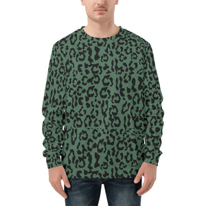 Mens All Over Print Crew Neck Sweatshirt - Leopard Camouflage - Green-Black