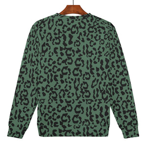 Mens All Over Print Crew Neck Sweatshirt - Leopard Camouflage - Green-Black