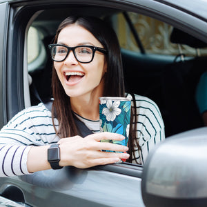 All Over Printing Car Cup - Bright Blue Beach Tropical Flowers