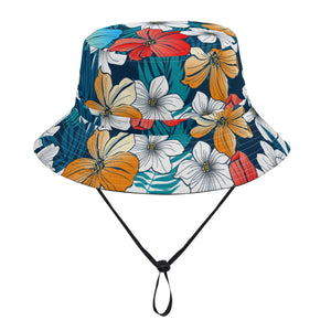 All Over Print Bucket Hats with Adjustable String - Bright Blue Beach Tropical Flowers