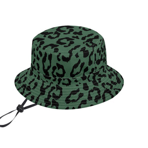 All Over Print Bucket Hats with Adjustable String - Leopard Camouflage - Green-Black