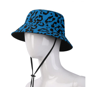 All Over Print Bucket Hats with Adjustable String - Leopard Camouflage - Blue-Black