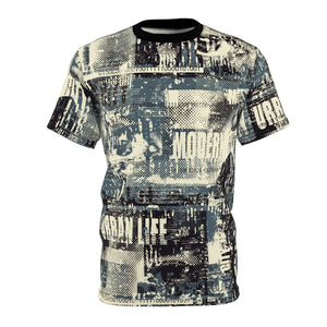 Unisex Cut & Sew Tee (AOP) - Urban Life - Modern City - Seamless pattern with newspaper and urban style