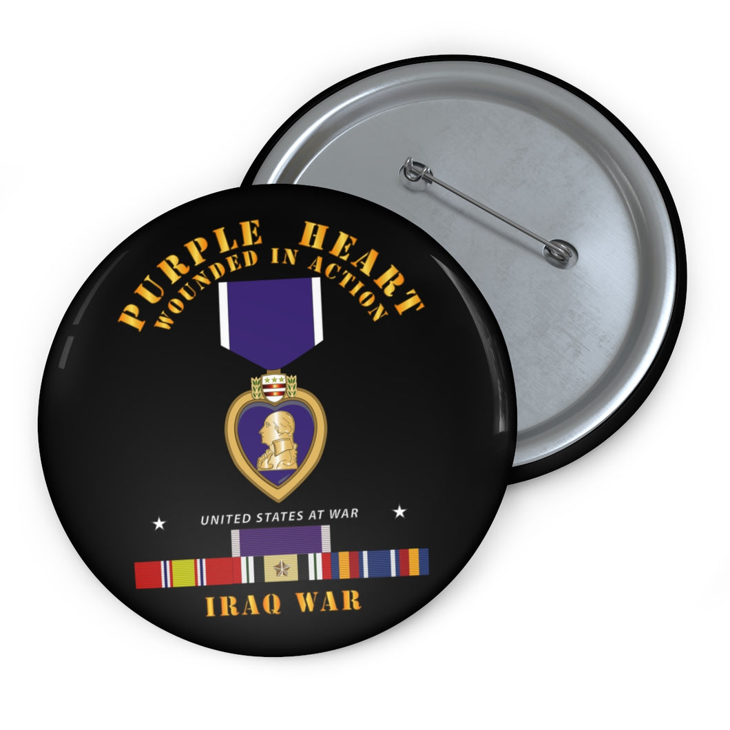 Custom Pin Buttons - Purple Heart - WIA w IRAQ SVC w Purple Heart Ribbon