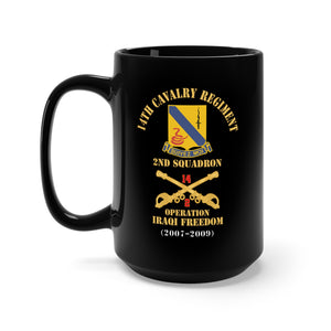 Black Mug 15oz - Army - 14th Cavalry Regiment w Cav Br - 2nd Squadron - Operation Iraqi Freedom - 2007–2009 - Red Txt X 300