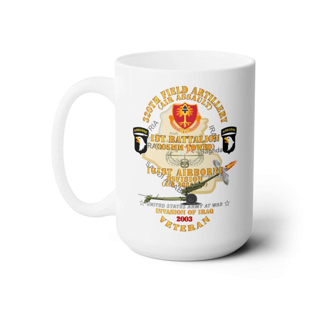 White Mug 15oz -  Army - 1st Bn, 320th FA, 101st Airborne Div - Invasion - 2003 w AA Badge - w 105mm  Map