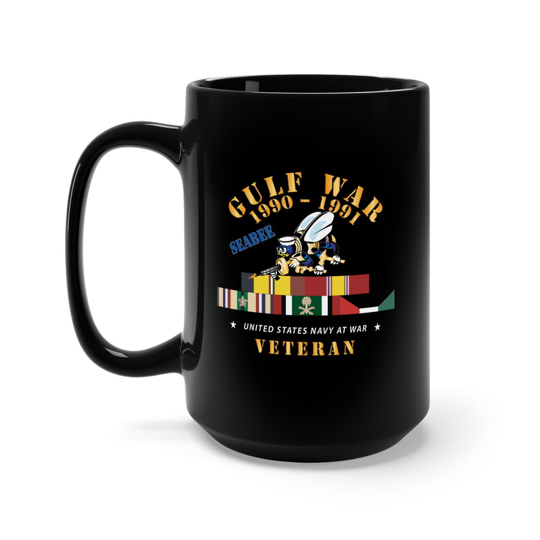 Black Mug 15oz - Gulf War 1990 - 1991 w Svc Ribbons - CAR - Seabee X 300