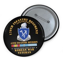 Load image into Gallery viewer, Custom Pin Buttons - 179th Infantry Regiment - Tomahawks - 45th ID w KOREA SVC
