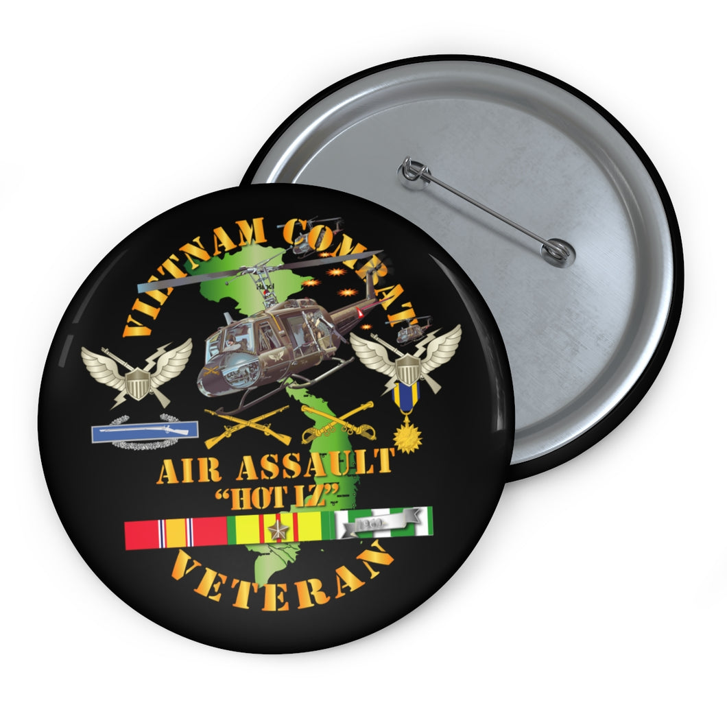 Custom Pin Buttons - Vietnam Combat Veteran w Helicopter Assault