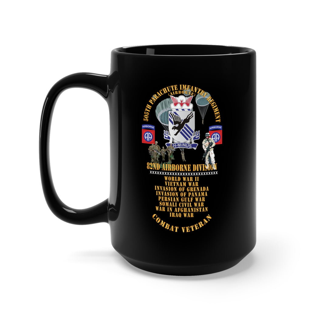 Black Mug 15oz - Army - Combat Vet w 505th PIR - 82nd Airborne  w Campaigns - Soldiers - SSI X 300