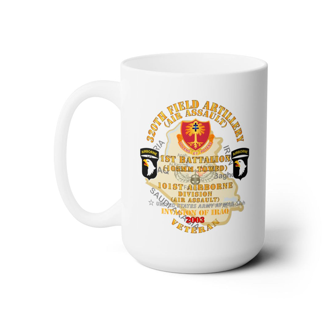 White Ceramic Mug 15oz - Army - 1st Bn, 320th FA, 101st Airborne Div - Invasion - 2003 w AA Badge - Map