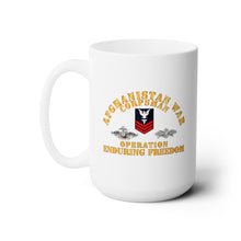 Load image into Gallery viewer, White Ceramic Mug 15oz - Navy - Afghanistan War  Corpsman - Operation Enduring Freedom  - Veteran w FMF - Combat Seebee Badge
