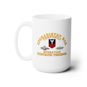 White Ceramic Mug 15oz - Navy - Afghanistan War  Corpsman - Operation Enduring Freedom  - Veteran w FMF - Combat Seebee Badge