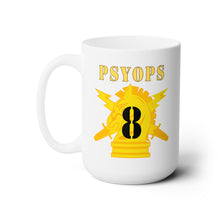 Load image into Gallery viewer, White Ceramic Mug 15oz - Army - PSYOPS w Branch Insignia - 8th Battalion Numeral - Line X 300
