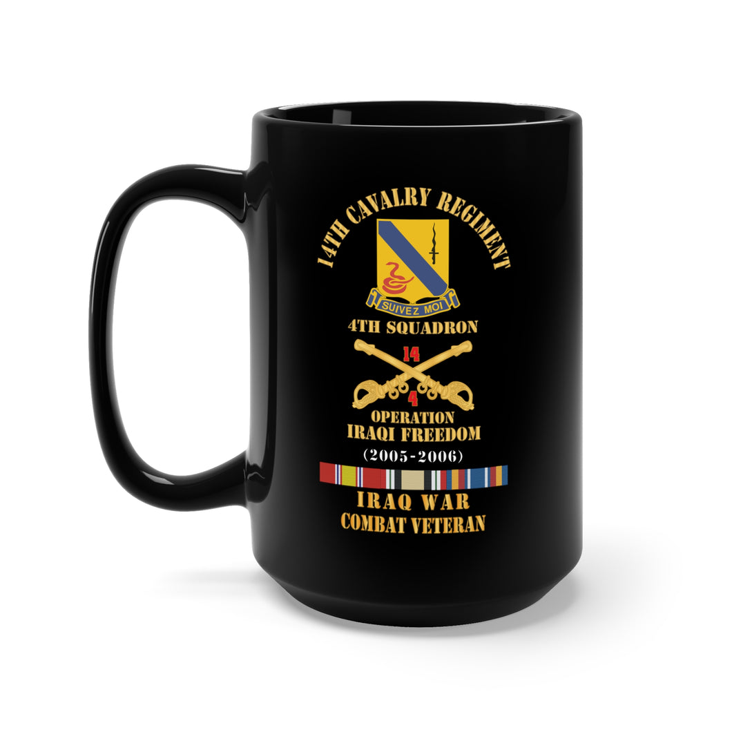 Black Mug 15oz - Army - 14th Cavalry Regiment w Cav Br - 4th Squadron - OIF - 2005-2006 - Red Txt Cbt Vet w IRAQ SVC X 300