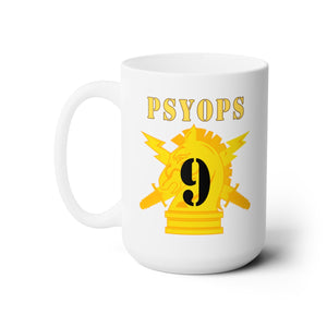 White Ceramic Mug 15oz - Army - PSYOPS w Branch Insignia - 9th Battalion Numeral - Line X 300