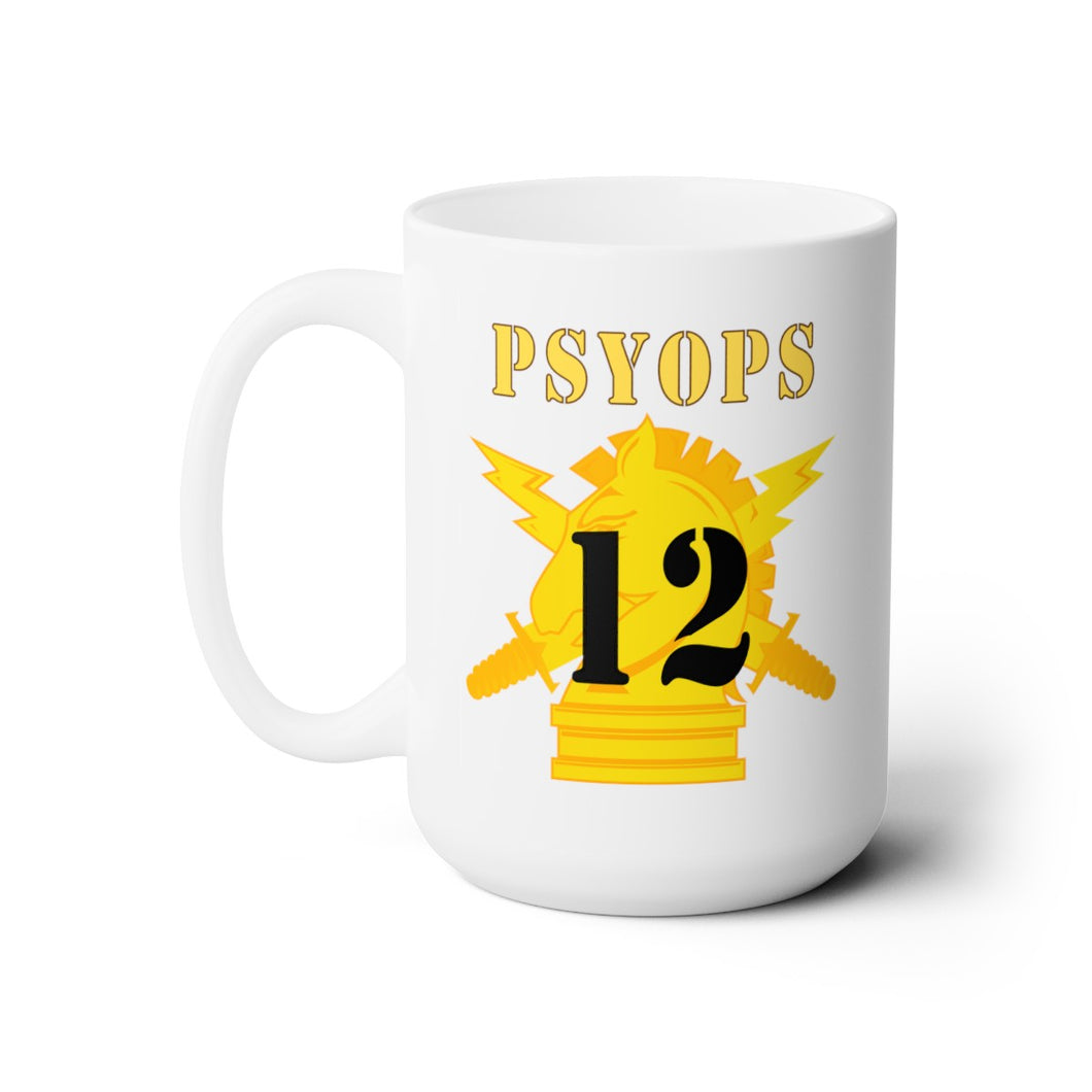 White Ceramic Mug 15oz - Army - PSYOPS w Branch Insignia - 12th Battalion Numeral - Line X 300