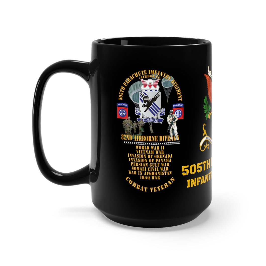 Black Mug 15oz - 505th Parachute Infantry Regiment - Combat Veteran - 505th PIR - Campaigns - Soldiers - 82nd Airborne Division