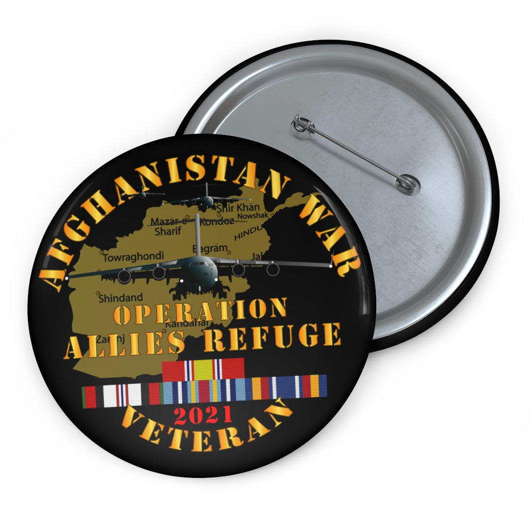 Custom Pin Buttons - Afghanistan War - Operation Allies Refuge - Veteran w AFGHAN SVC