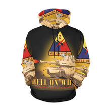 Load image into Gallery viewer, Men&#39;s All Over Print Hoodie (USA Size) (Model H13) - 2nd Armored Division - M1A1 Tank - Hell on Wheels w Fire
