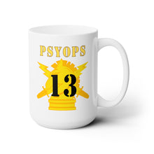 Load image into Gallery viewer, White Ceramic Mug 15oz - Army - PSYOPS w Branch Insignia - 13th Battalion Numeral - Line X 300
