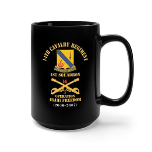 Black Mug 15oz - Army - 14th Cavalry Regiment w Cav Br - 1st Squadron - Operation Iraqi Freedom - 2006–2007 - Red Txt X 300