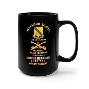 Black Mug 15oz - Army - 14th Cavalry Regiment w Cav Br - 1st Squadron - OIF - 2006–2007 - Red Txt Cbt Vet w IRAQ SVC X 300