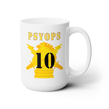 Load image into Gallery viewer, White Ceramic Mug 15oz - Army - PSYOPS w Branch Insignia - 10th Battalion Numeral - Line X 300
