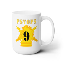 Load image into Gallery viewer, White Ceramic Mug 15oz - Army - PSYOPS w Branch Insignia - 9th Battalion Numeral - Line X 300
