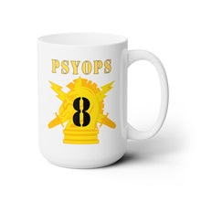 Load image into Gallery viewer, White Ceramic Mug 15oz - Army - PSYOPS w Branch Insignia - 8th Battalion Numeral - Line X 300
