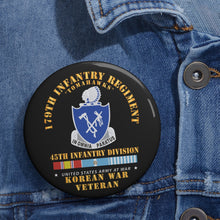 Load image into Gallery viewer, Custom Pin Buttons - 179th Infantry Regiment - Tomahawks - 45th ID w KOREA SVC
