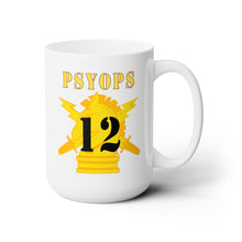 Load image into Gallery viewer, White Ceramic Mug 15oz - Army - PSYOPS w Branch Insignia - 12th Battalion Numeral - Line X 300
