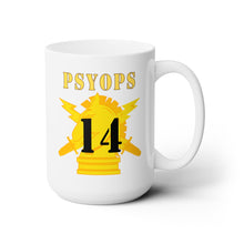 Load image into Gallery viewer, White Ceramic Mug 15oz - Army - PSYOPS w Branch Insignia - 14th Battalion Numeral - Line X 300
