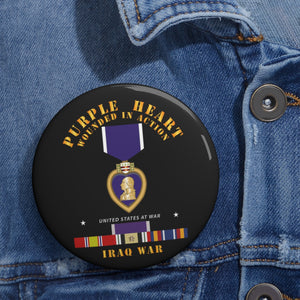 Custom Pin Buttons - Purple Heart - WIA w IRAQ SVC w Purple Heart Ribbon