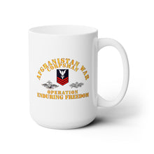 Load image into Gallery viewer, White Ceramic Mug 15oz - Navy - Afghanistan War  Corpsman - Operation Enduring Freedom  - Veteran w FMF - Combat Seebee Badge
