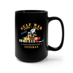 Black Mug 15oz - Gulf War 1990 - 1991 w Svc Ribbons - CAR - Seabee X 300