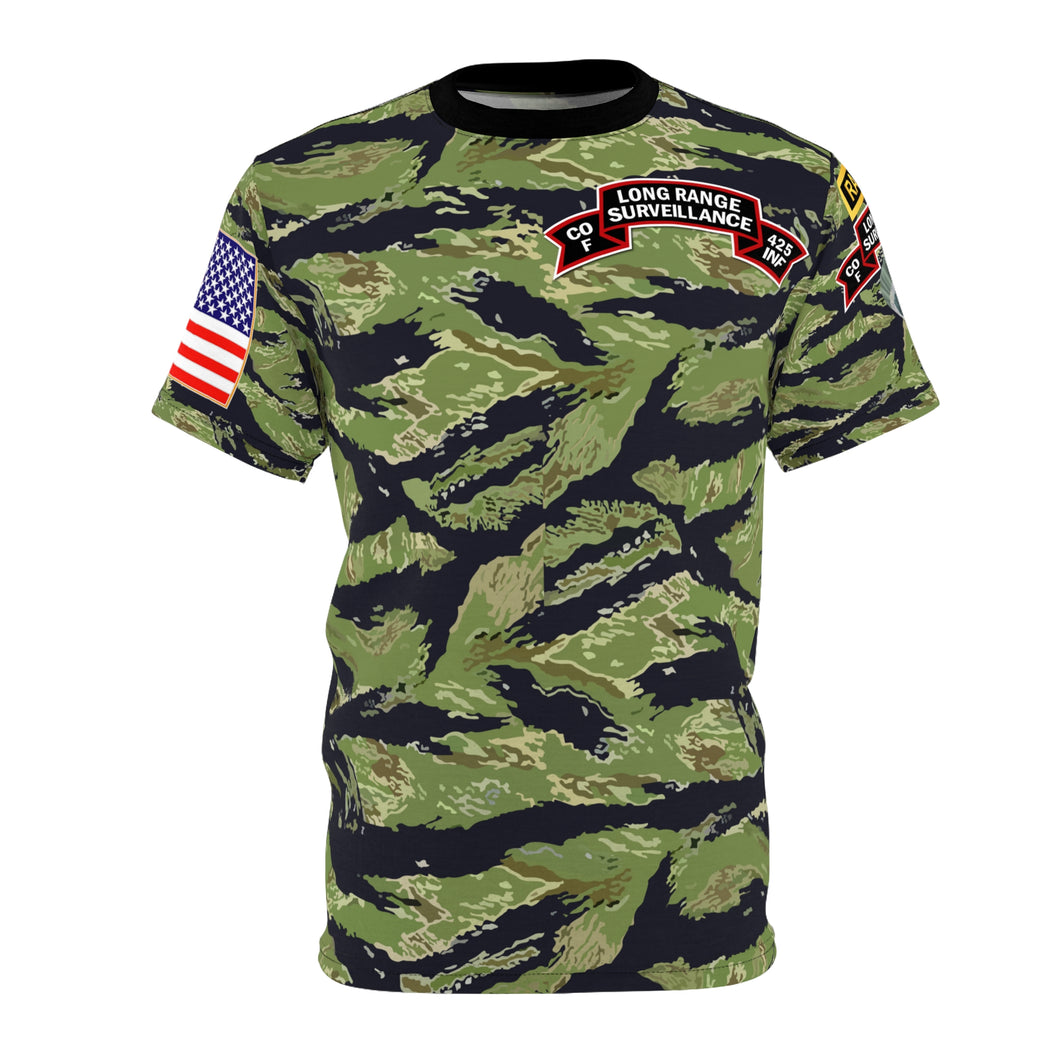 Unisex AOP Tee - Army - F Company, 425th Long Range Surveillance (RANGER) - Military Tiger Stripe Jungle Camouflage Shirt