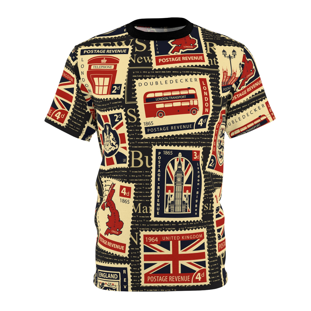 Unisex Cut & Sew Tee (AOP) - United Kingdom - Seamless pattern with stamps on theme UK