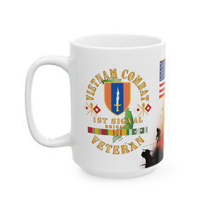 White Mug 15oz - Vietnam Veteran - 1st Signal Brigade - Combat Veteran with Vietnam Service Ribbons - Spec