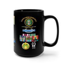 Load image into Gallery viewer, Black Mug 15oz - Retired - SFC - 11B40X with Multiple Medal Awards, Service Ribbons, Drill Sgt Badge
